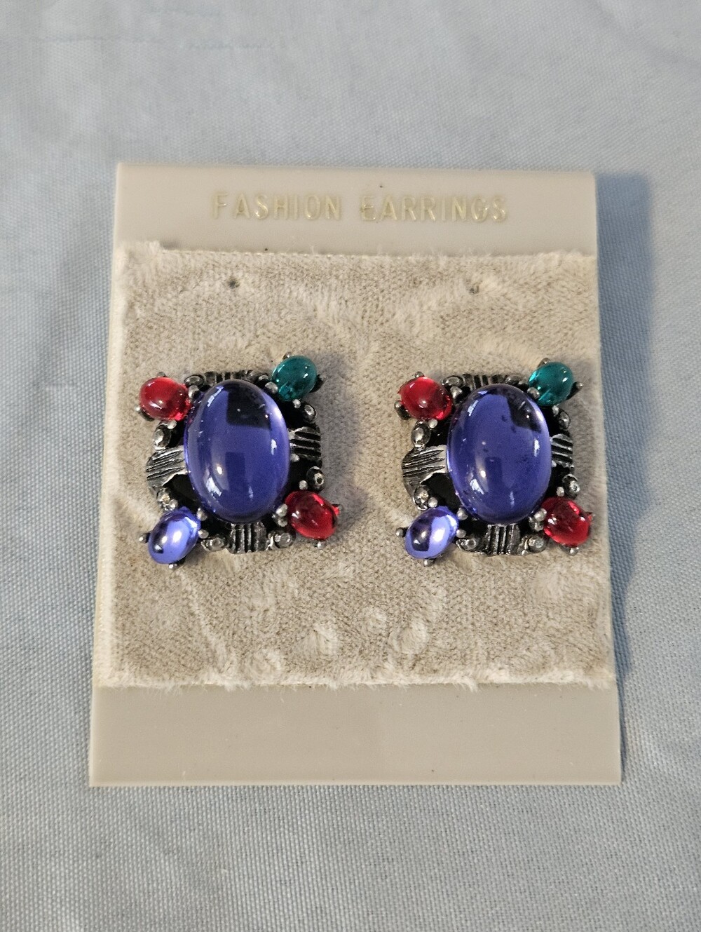 Vintage Retro Multi Color Glass Cabochon Statement Stud Earrings Silver Tone
